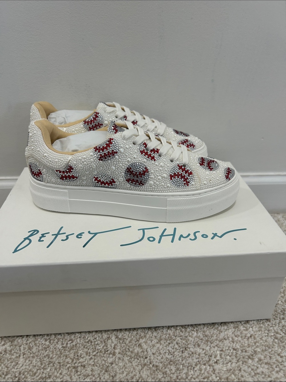 Betsey Johnson baseball White Platform Sneakers with Red Crystal